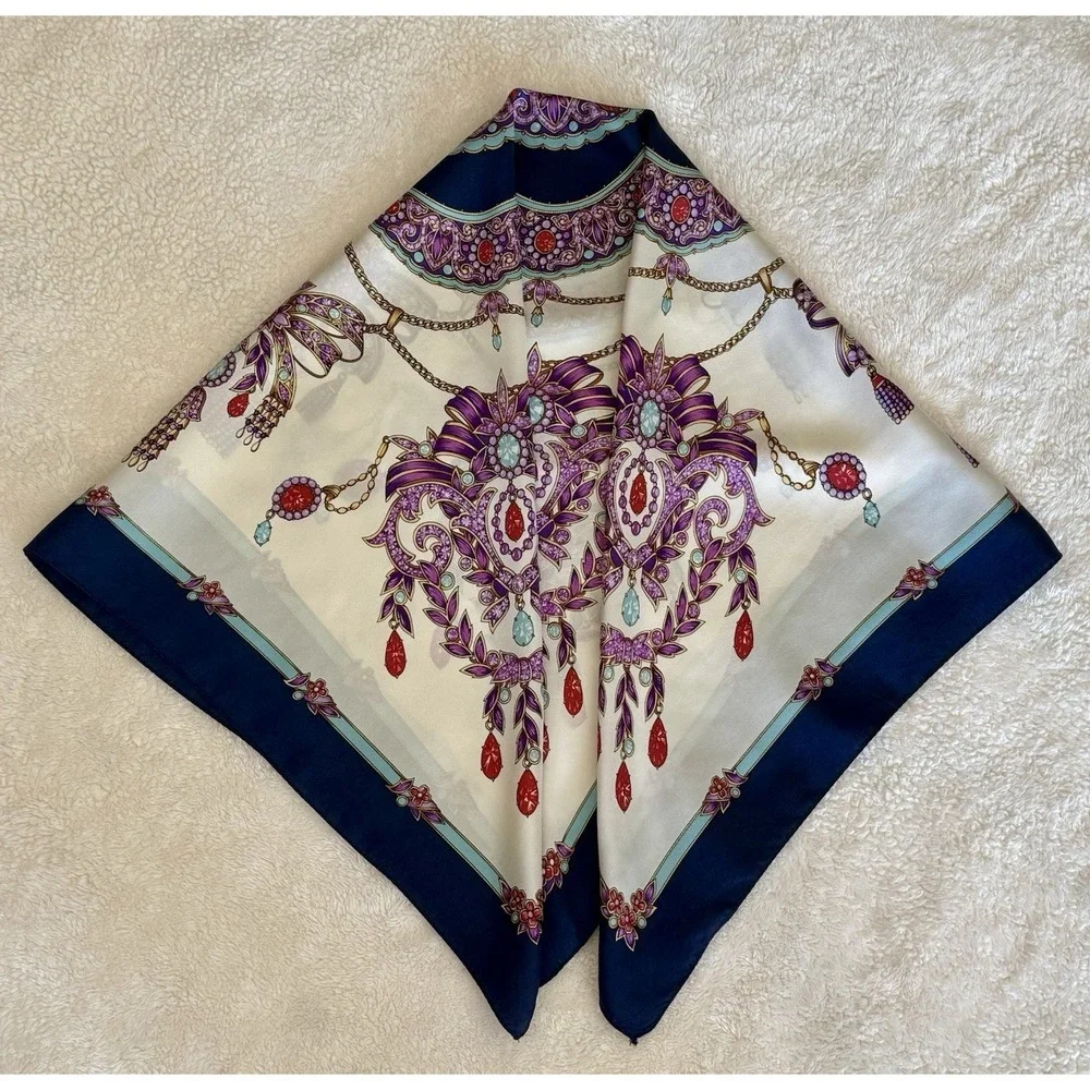 ECHO For Nordstrom Blue/Cream Gem/Jewels Square 100% Silk Scarf 35